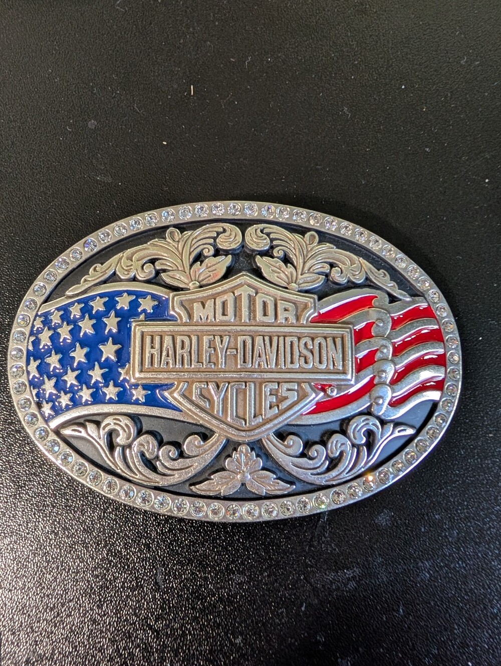 Harley-Davidson Silver American Flag Oval Belt Buckle - Red/Blue/White